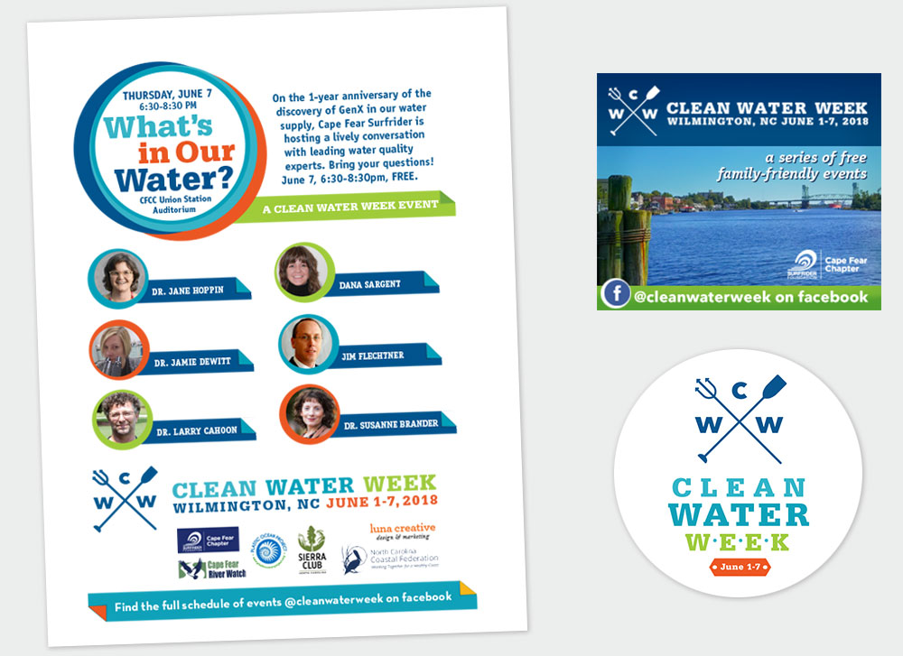 Clean Water Week Wilmington NC poster, social media icon and digital ads