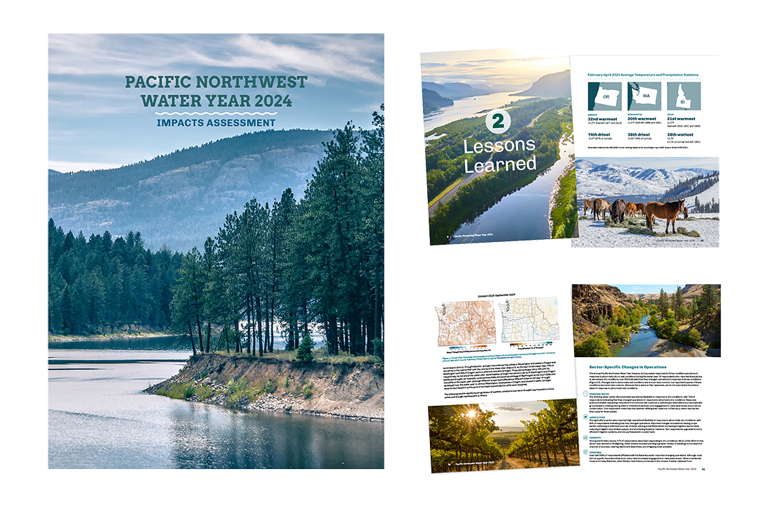 he cover of 2024 Pacific Northwest Water Year report and four interior pages, featuring maps, photos, custom icons and stylish typography