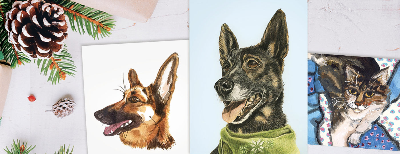 hero image of a series of pet portraits, with two paintings of dogs and one painting of a cat
