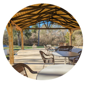 The Sketch Club campus in West Knoxville features an airy pavilion with seating for working outside